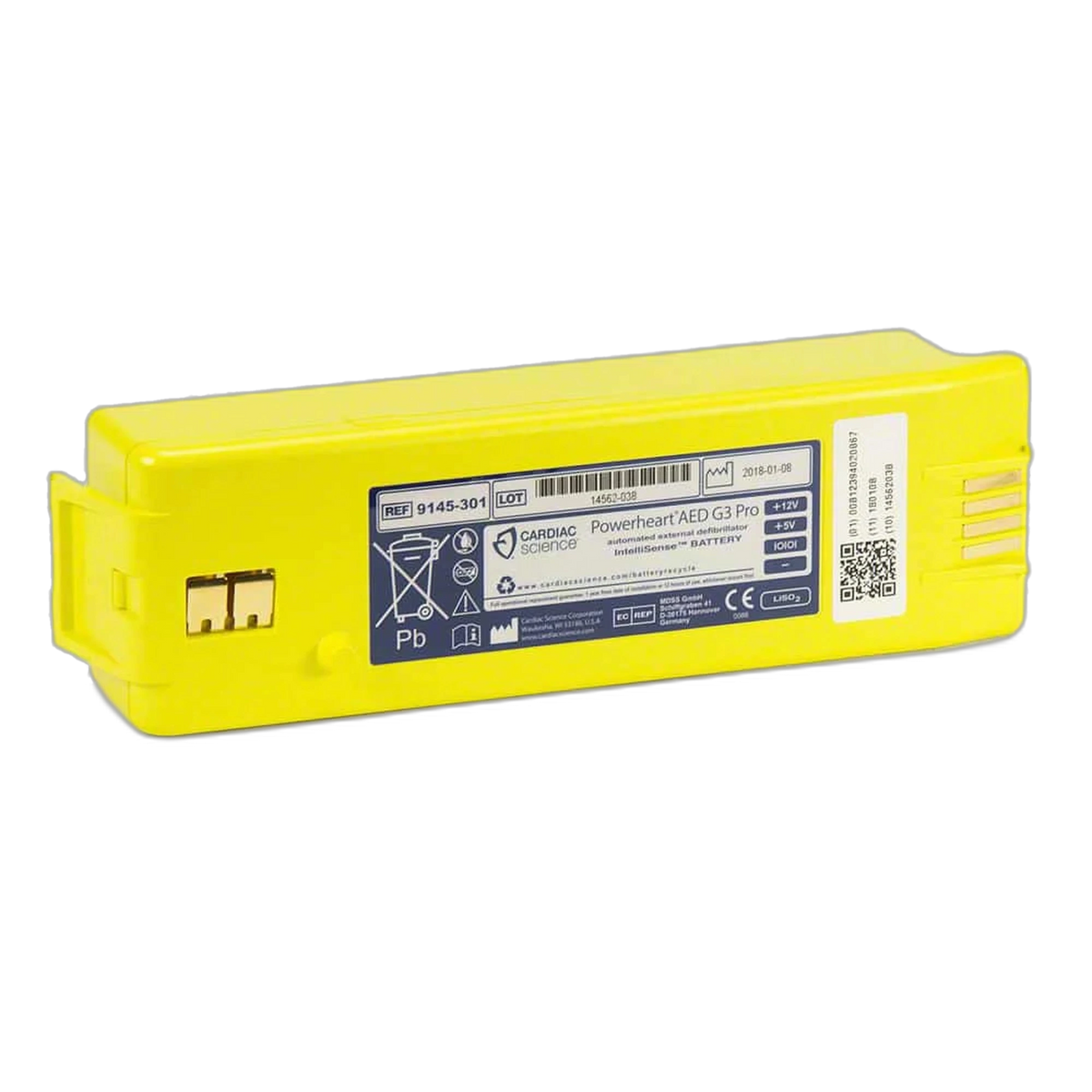 Cardiac Science Powerheart AED G3 Pro IntelliSense yellow battery pack, angled view showing the label with REF 9145-301 and gold contact terminals