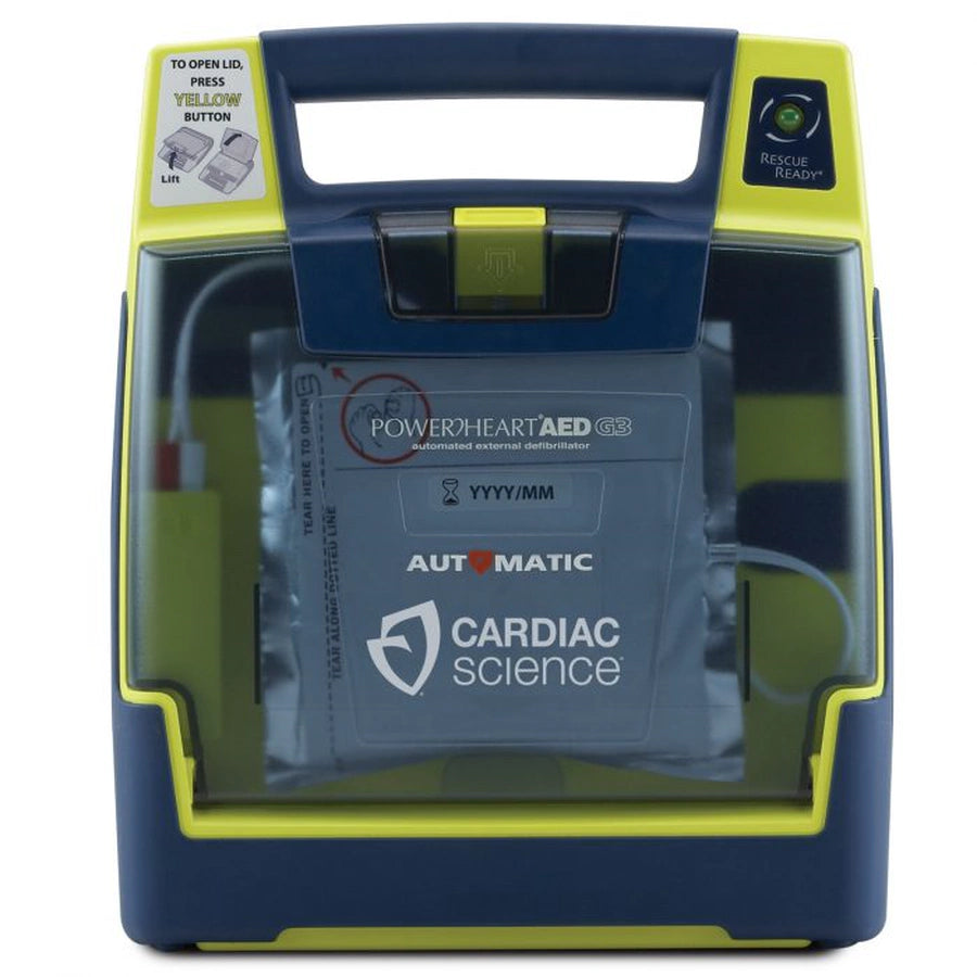 Cardiac Science Powerheart AED G3 with lid open showing the pads cartridge