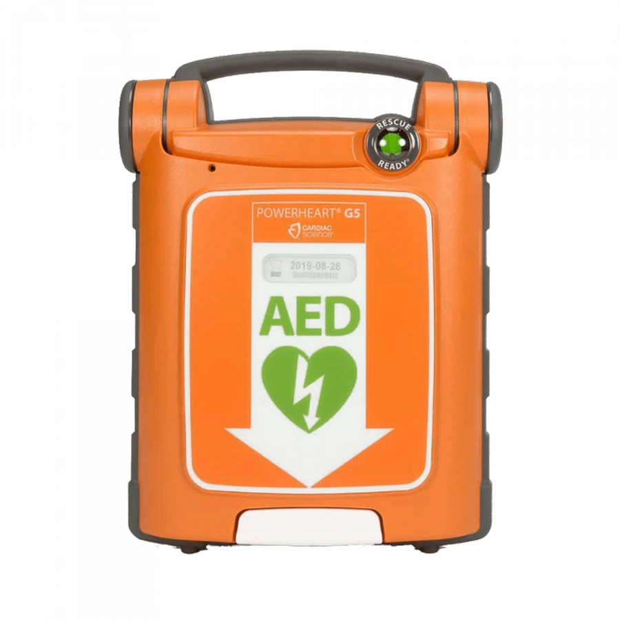 Cardiac Science Powerheart G5 AED, front view of the orange case