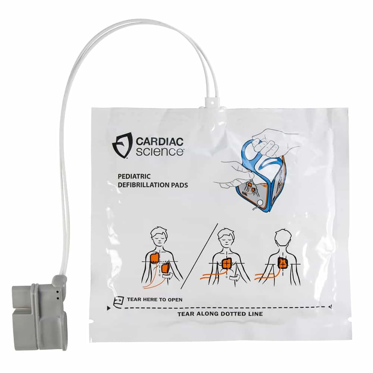 Cardiac Science Powerheart G5 Pediatric Defibrillation Pads package, white and blue pouch labeled "Pediatric Defibrillation Pads" with a hand illustration opening the connector cradle and torso placement diagrams