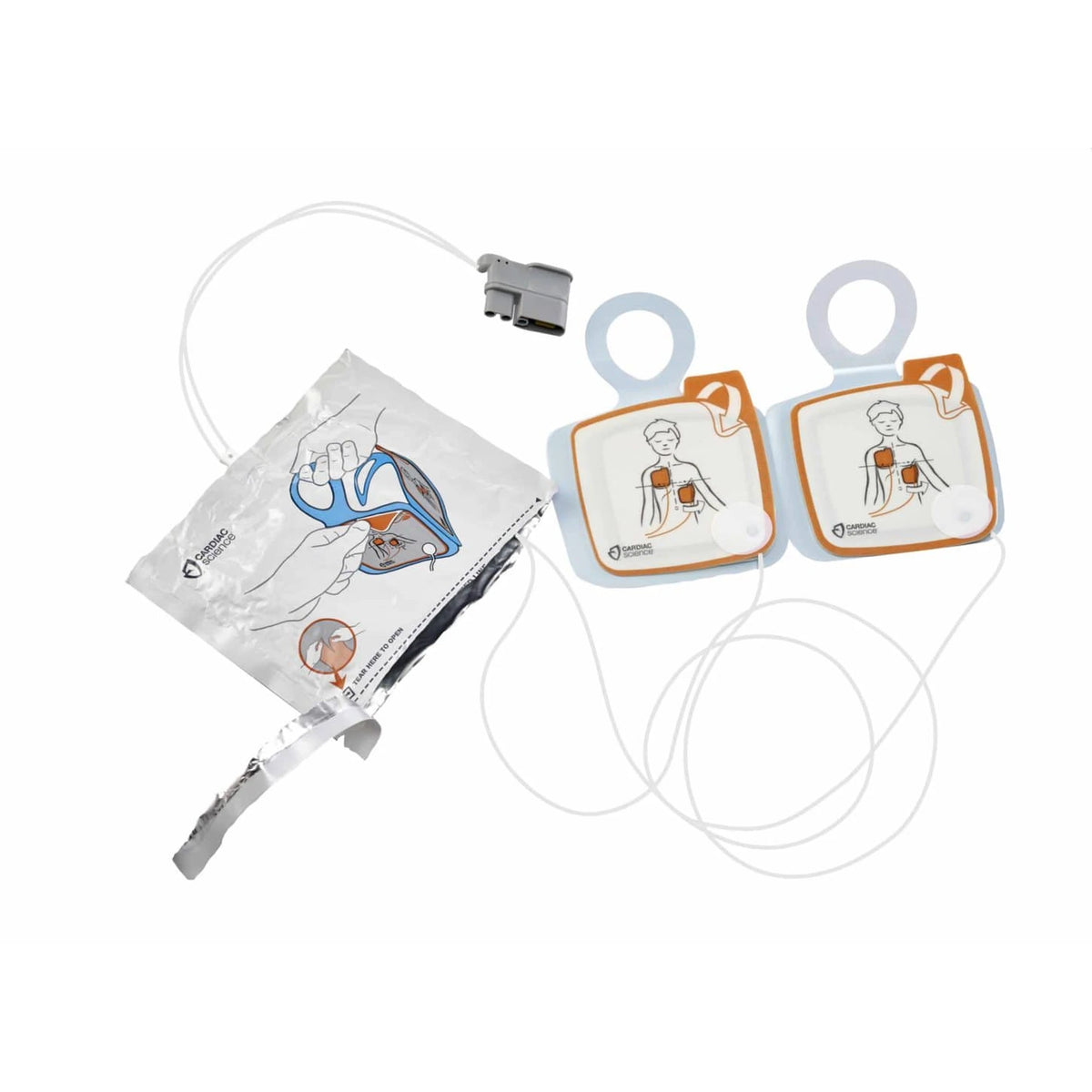 Cardiac Science Powerheart G5 pediatric electrode pads removed from packaging, two orange-and-blue square pads with torso placement diagrams, wired to a gray connector