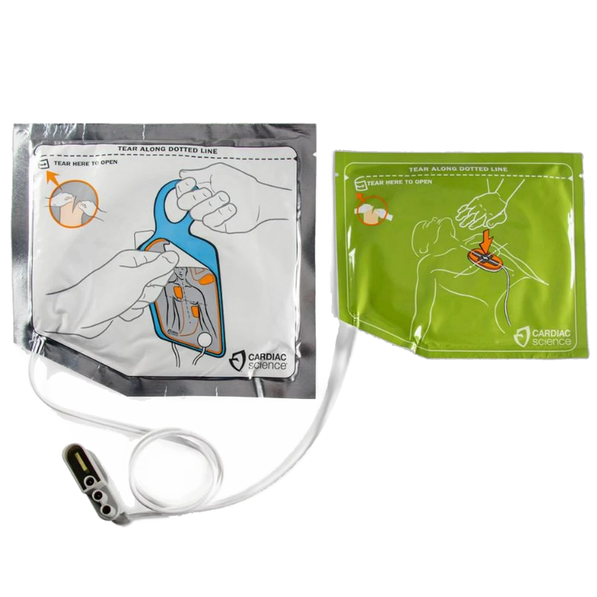 Cardiac Science Powerheart G5 adult defibrillation pads with CPR feedback puck, foil pouch showing hand-opening instructions on one side and a green pouch with a CPR feedback puck placement diagram on the other
