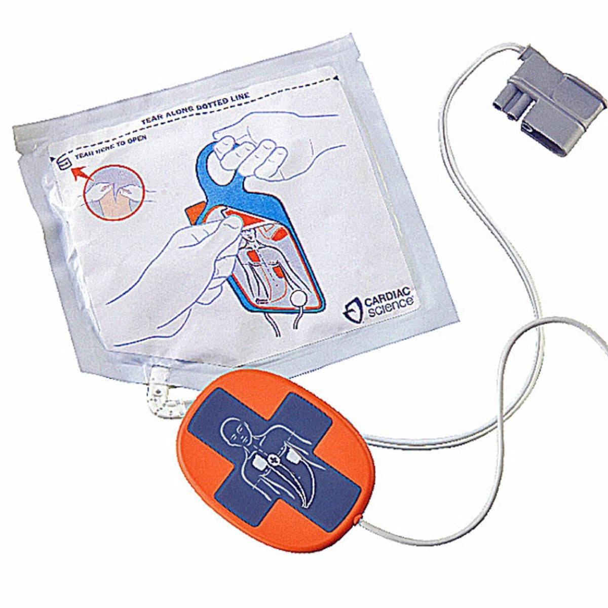Cardiac Science Powerheart G5 adult electrode pads with CPR feedback puck, unpackaged orange chest pad and round CPR feedback puck with torso diagrams, wired to a gray connector