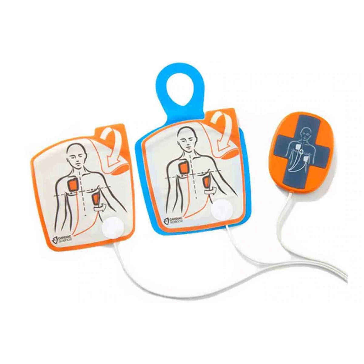 Cardiac Science Powerheart G5 electrode pads and CPR feedback puck, three components (rectangular chest pad, back pad, and round feedback puck with a stick-figure CPR icon) laid out with connecting wires