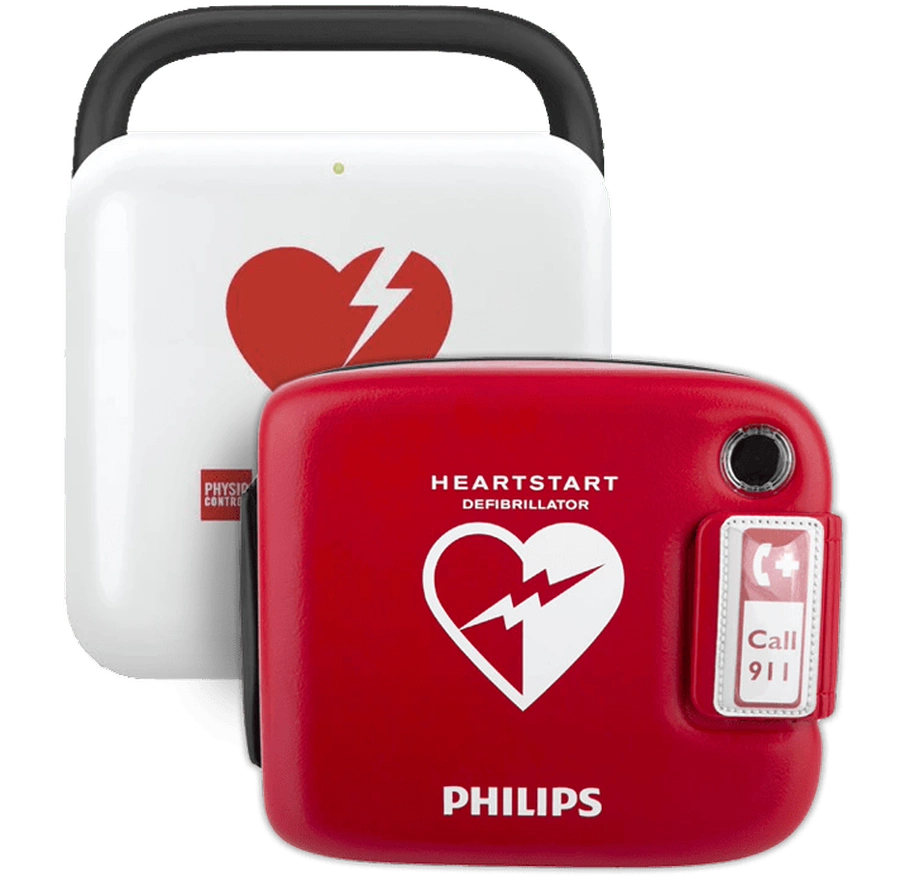 Physio-Control LIFEPAK CR2 and Philips HeartStart OnSite AEDs side by side