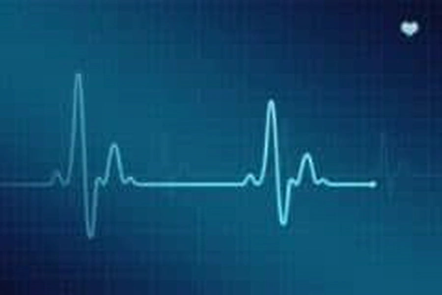 Blue ECG heartbeat waveform on a monitor grid background