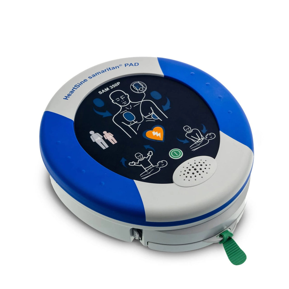 HeartSine Samaritan 350P AED angled view showing the green pull-tab activation handle