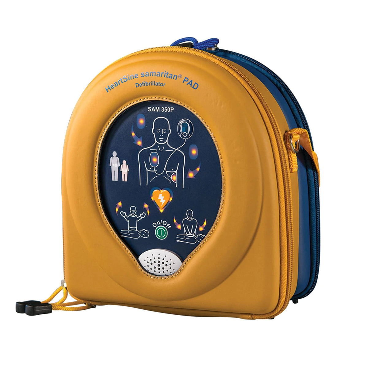 HeartSine Samaritan 350P AED in its yellow soft carry case with shoulder strap