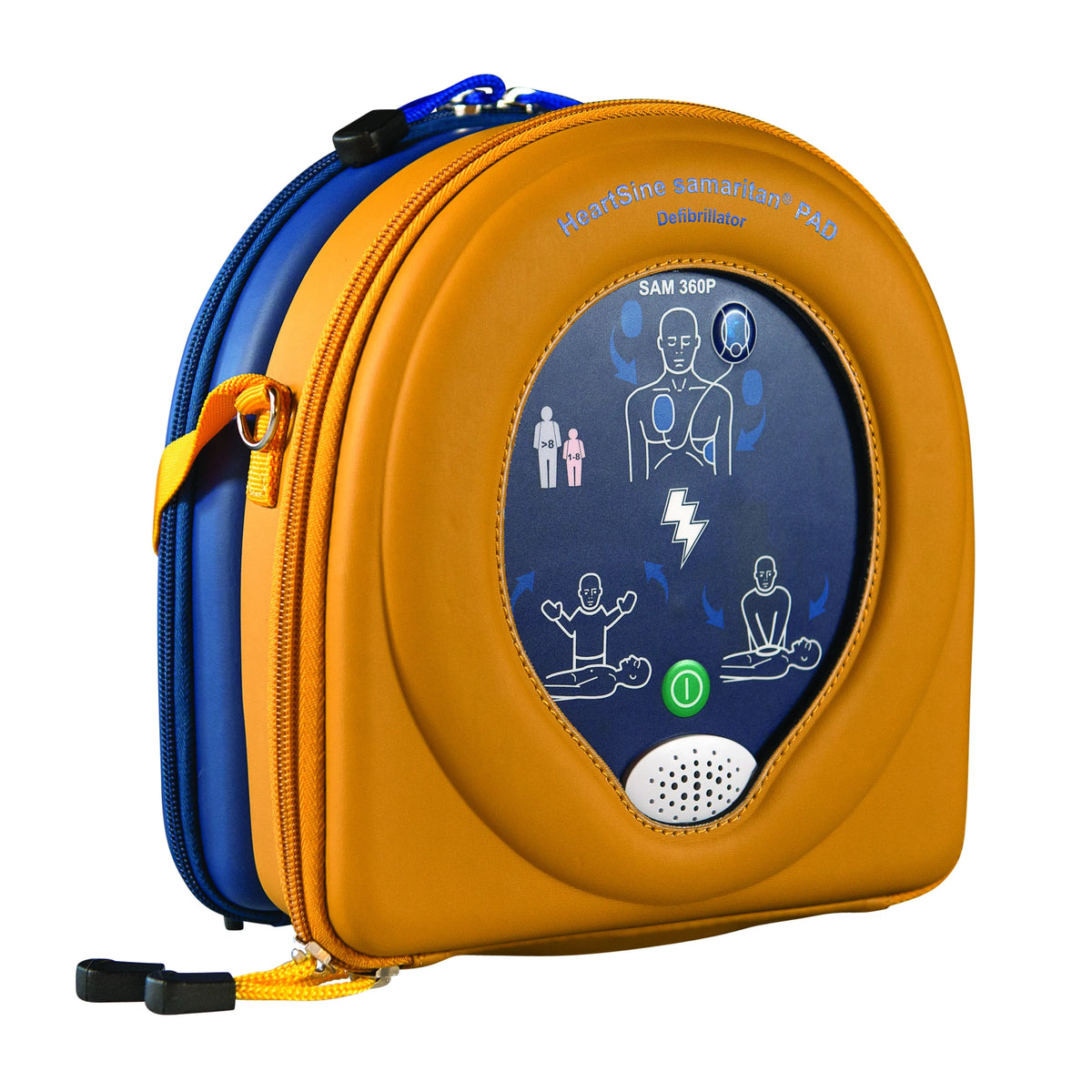 HeartSine Samaritan 360P AED in its yellow soft carry case, angled view