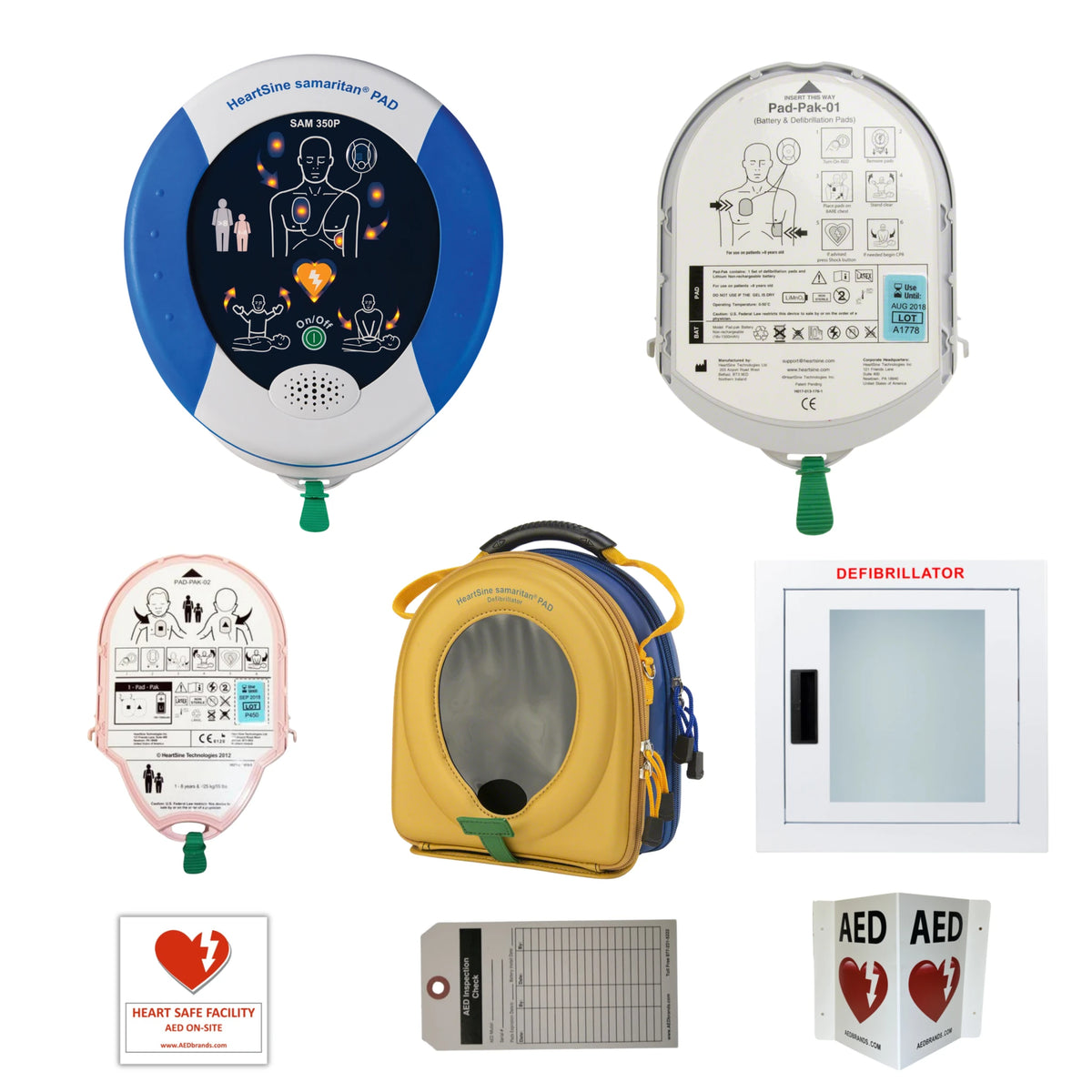 HeartSine Samaritan PAD 350P AED value package contents grid: round defibrillator, Pad-Pak-01 adult cartridge, pink Pad-Pak-02 pediatric cartridge, carrying case, wall cabinet, Heart Safe Facility decal, inspection tag, and AED wall sign