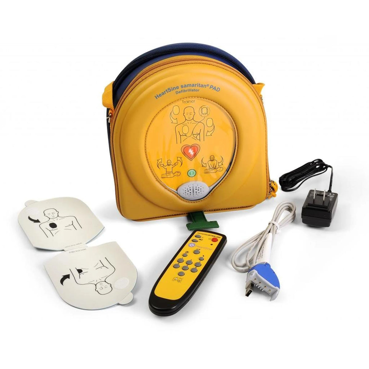 HeartSine 350P Training System carry case, remote control, training electrode pads, and AC adapter