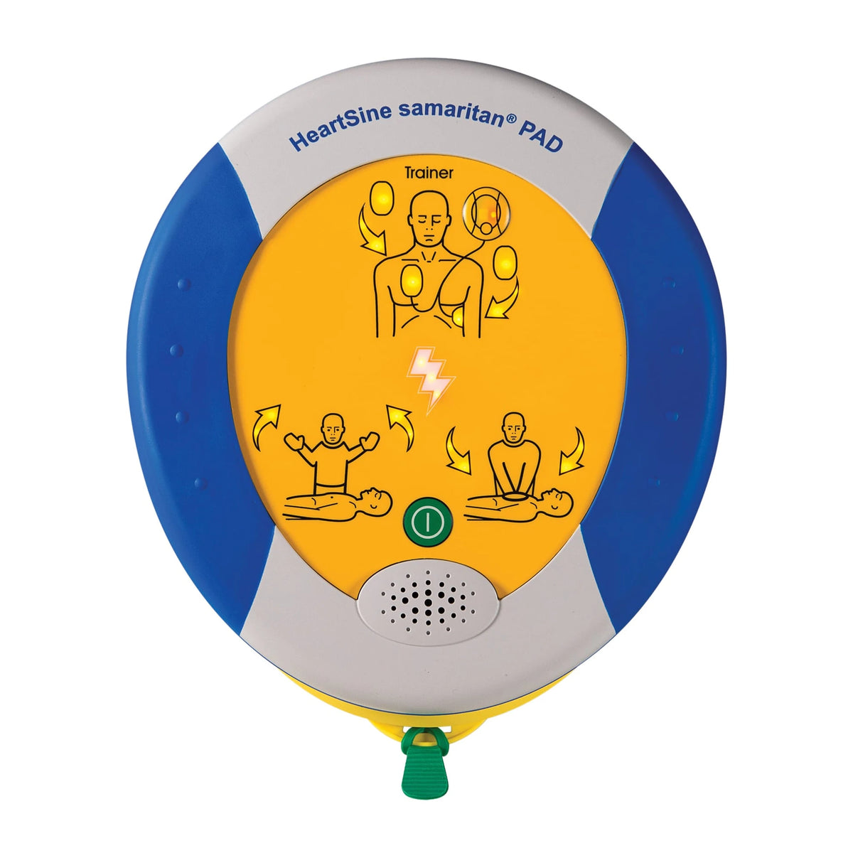 HeartSine 350P Training System top-down view of the round trainer unit with power button and speaker grille