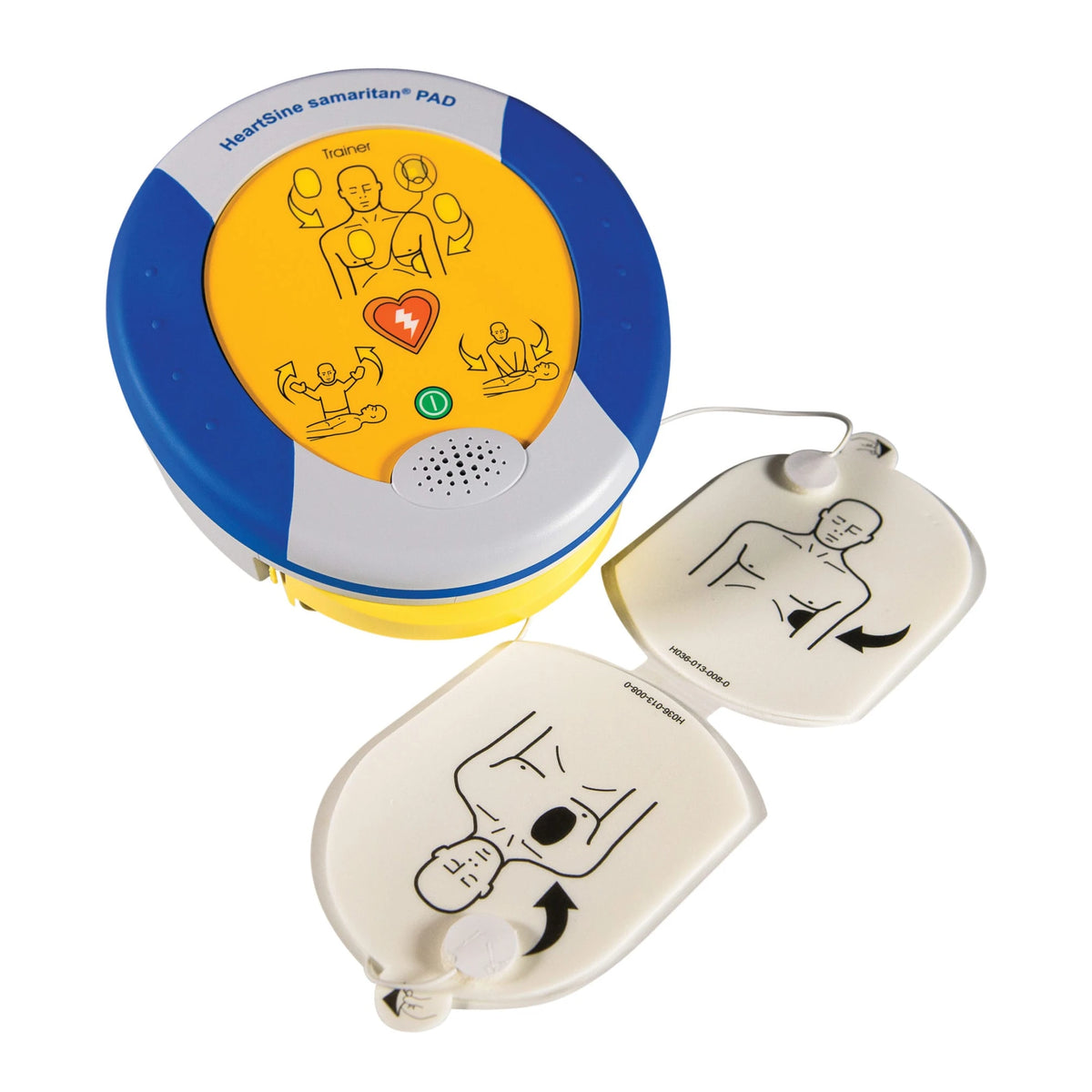 HeartSine 350P Training System trainer unit beside its two training electrode pads