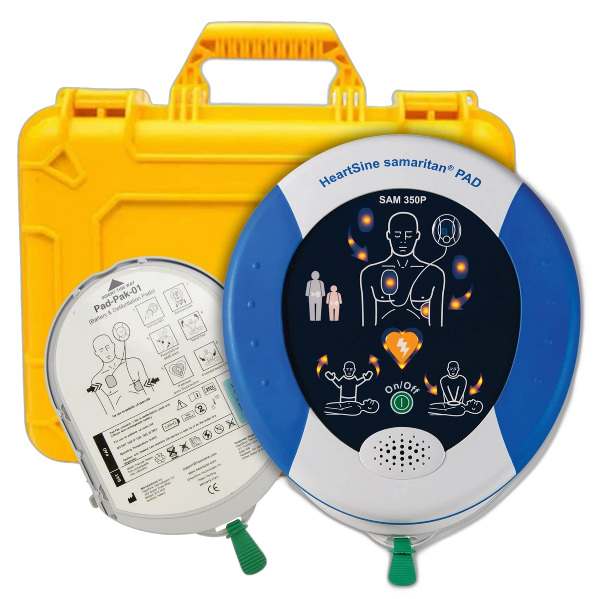 HeartSine Samaritan PAD 350P AED value package, round white and blue defibrillator with Pad-Pak-01 battery and pad cartridge, in front of a yellow hard carrying case