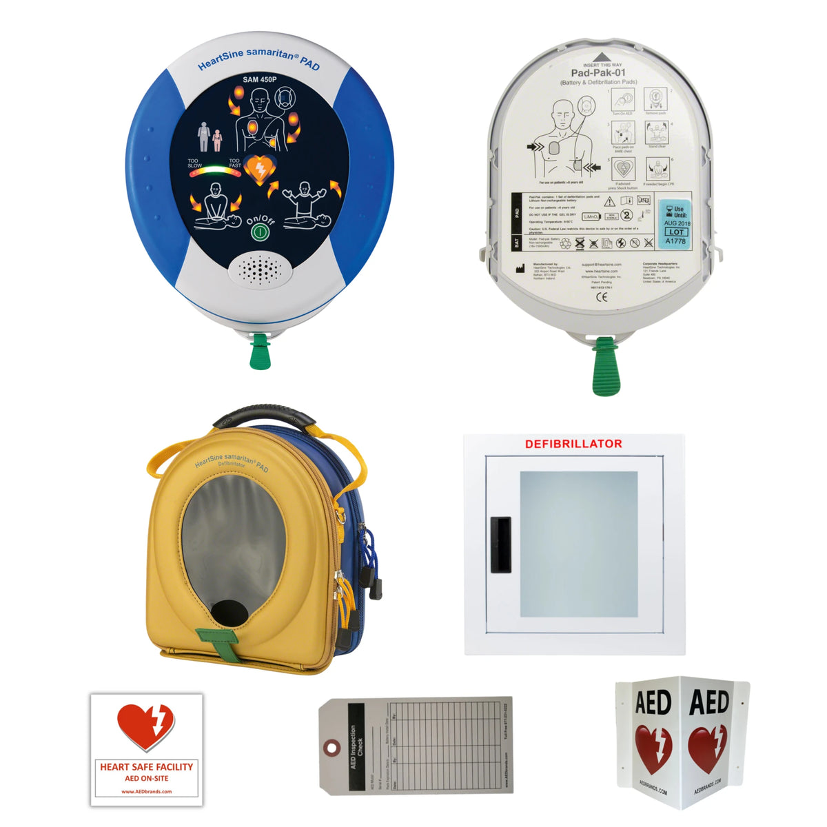 HeartSine Samaritan PAD 450P AED value package contents grid: round defibrillator with CPR rate indicator, Pad-Pak-01 battery and pad cartridge, carrying case, wall cabinet, Heart Safe Facility decal, inspection tag, and AED wall sign