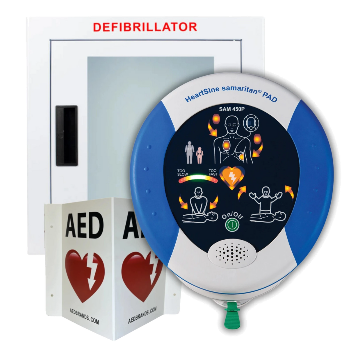 HeartSine Samaritan PAD 450P AED value package, round white and blue defibrillator with a too-slow/too-fast CPR rate indicator bar on its face, in front of a wall-mounted Defibrillator cabinet and AED wall sign