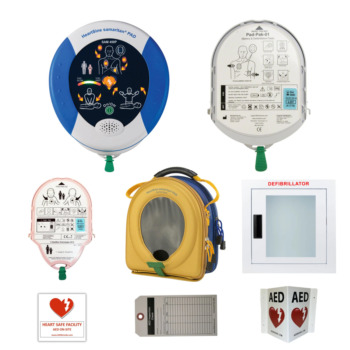 HeartSine Samaritan PAD 450P AED value package contents grid: round defibrillator with CPR rate indicator, Pad-Pak-01 adult cartridge, pink Pad-Pak-02 pediatric cartridge, carrying case, wall cabinet, Heart Safe Facility decal, inspection tag, and AED wall sign
