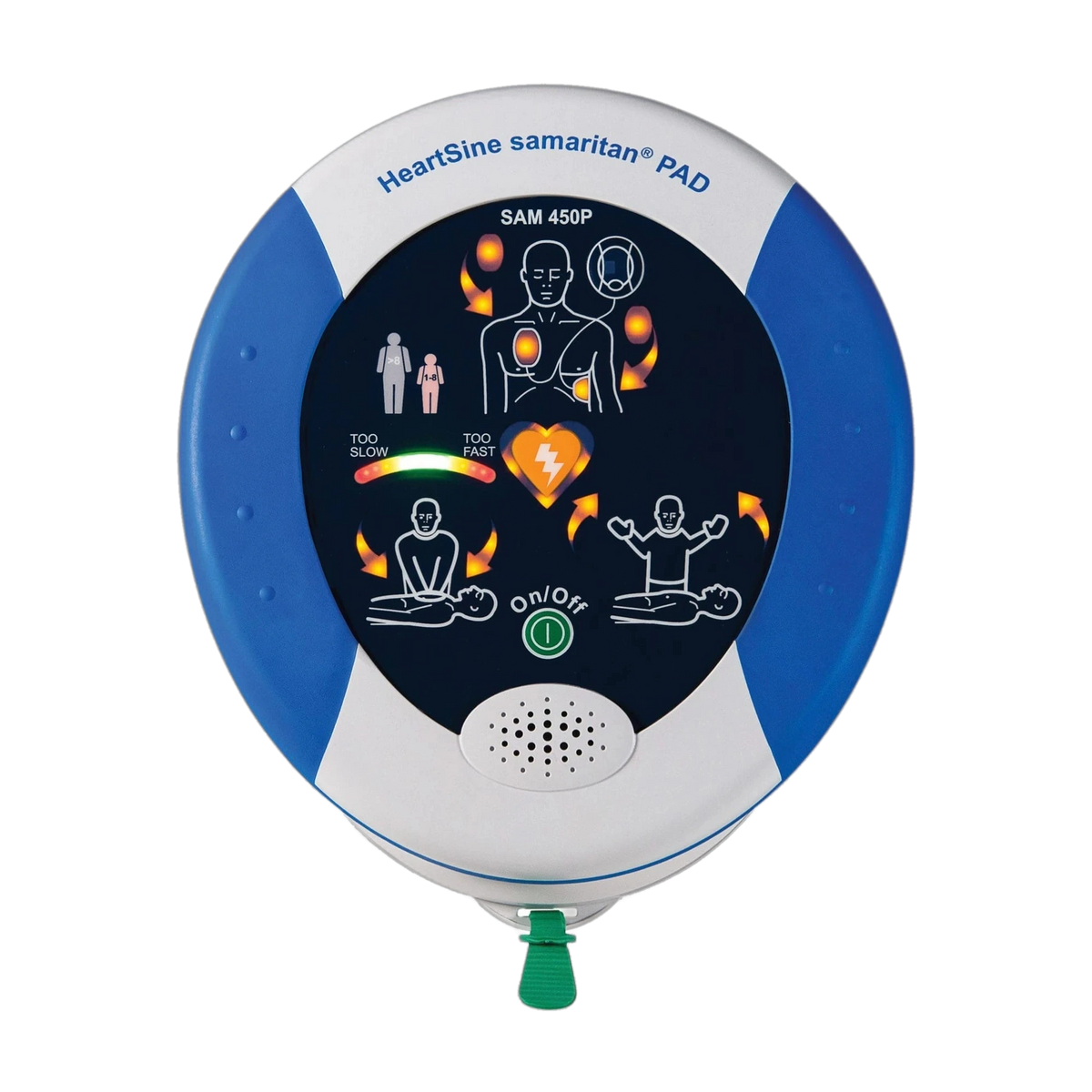 HeartSine samaritan PAD 450P AED, top view with rescue instruction graphics