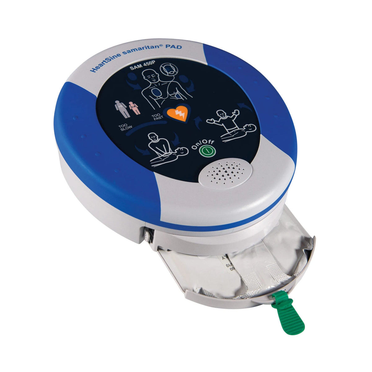 HeartSine samaritan PAD 450P AED, angled view with pads pack open