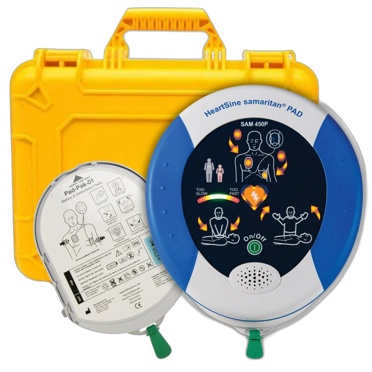 HeartSine Samaritan PAD 450P AED value package, round white and blue defibrillator with Pad-Pak-01 battery and pad cartridge, in front of a yellow hard carrying case