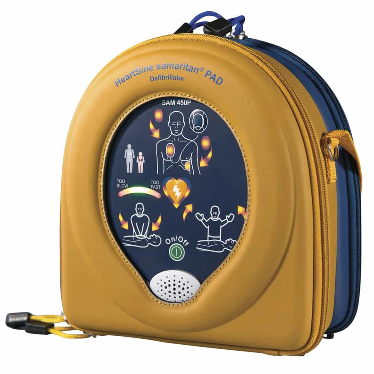 HeartSine Samaritan 450P AED in its yellow soft carry case with shoulder strap