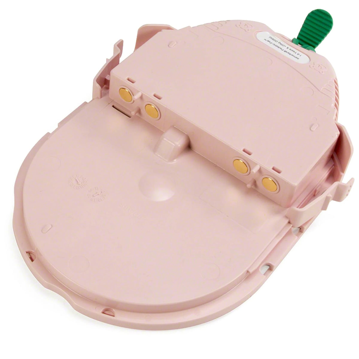 HeartSine Pad-Pak-02 pediatric cartridge, angled underside view showing the gold connector contacts and green activation pull-tab