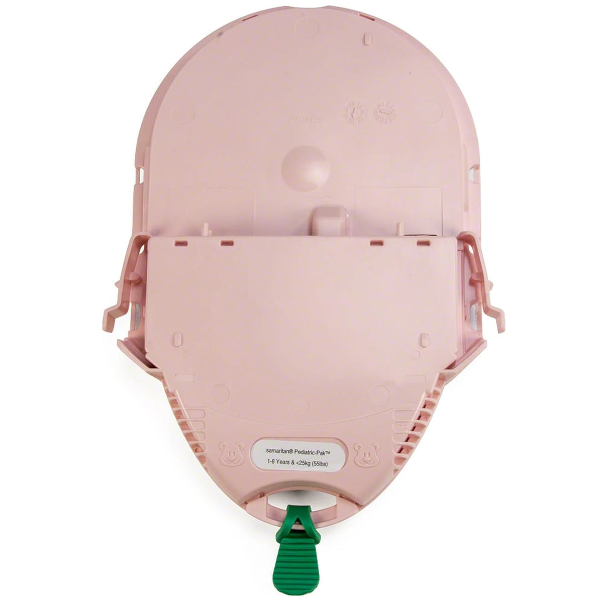 HeartSine Pad-Pak-02 pediatric cartridge, plain back view of the pink oval unit showing the smooth molded shell and green pull-tab