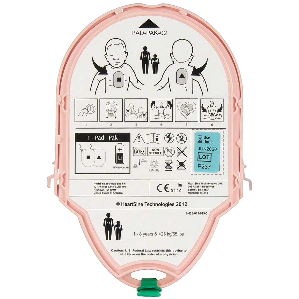 HeartSine Pad-Pak-02 pediatric combination pad and battery cartridge, pink oval unit with printed application instructions and child/infant torso pad placement diagrams for ages 1-8 years