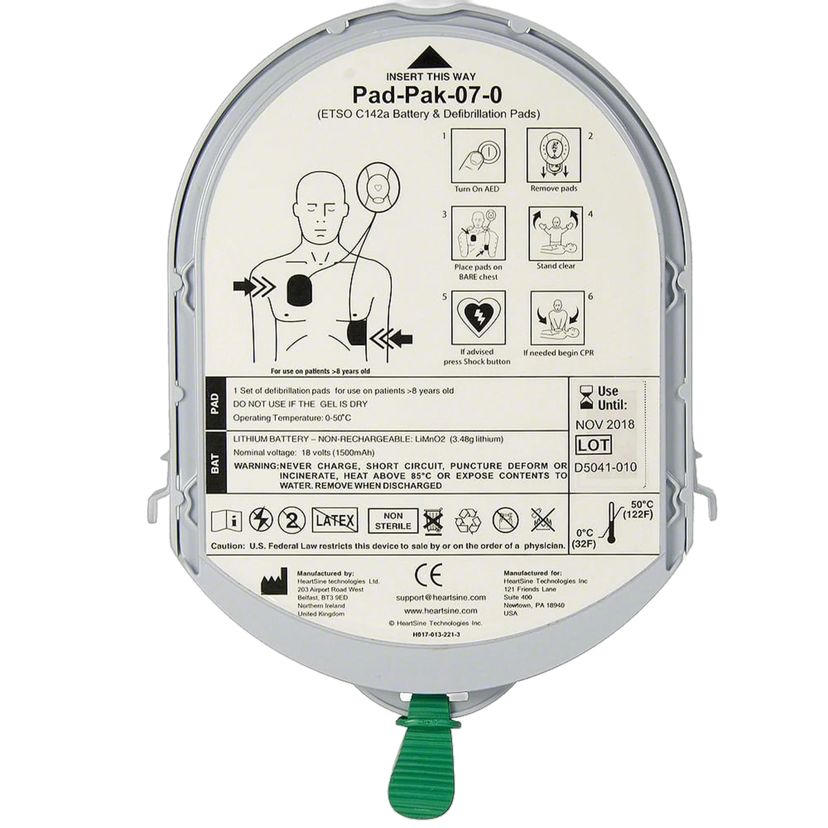 HeartSine Pad-Pak-07-0 adult combination pad and battery cartridge (ETSO C142a Battery and Defibrillation Pads), gray oval unit with printed application instructions and adult torso pad placement diagram