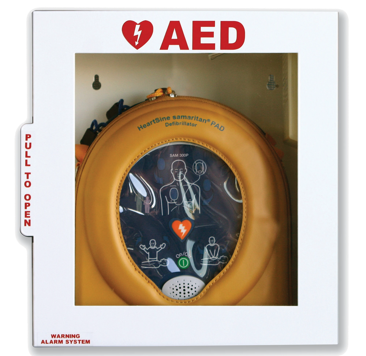 HeartSine brand AED wall cabinet with alarm, white cabinet with red AED heart logo, PULL TO OPEN side label, and a HeartSine samaritan PAD inside