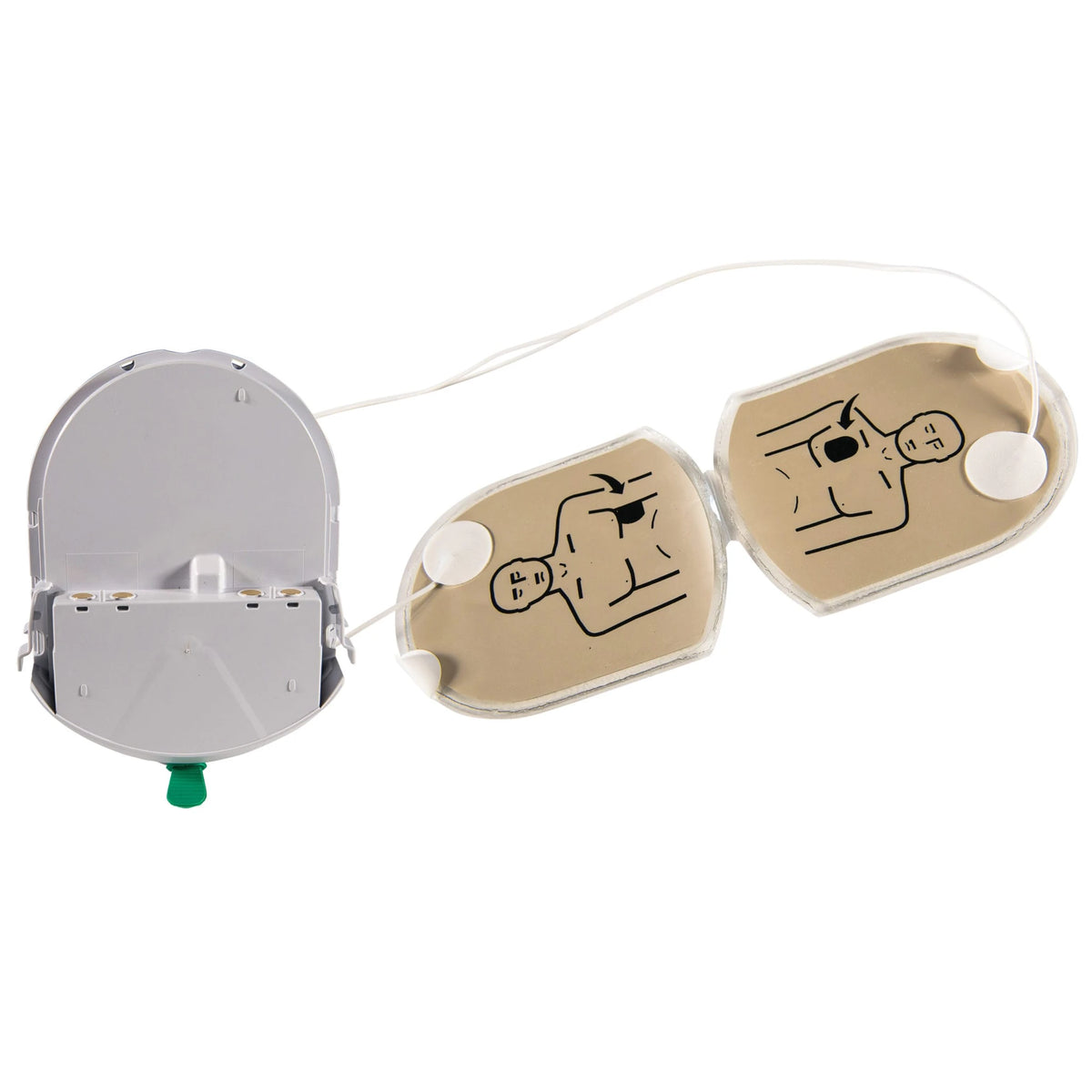 HeartSine Samaritan Pad-Pak cartridge shown open beside its two tan adult electrode pads printed with placement icons and connecting wires