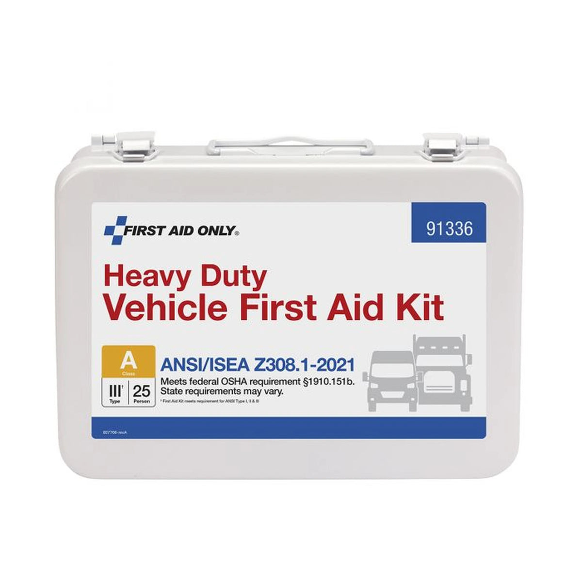First Aid Only Heavy Duty Vehicle First Aid Kit, closed white metal case front label numbered 91336 with ANSI/ISEA Z308.1-2021 Class A, Type III, 25 Person badge and truck/van icon