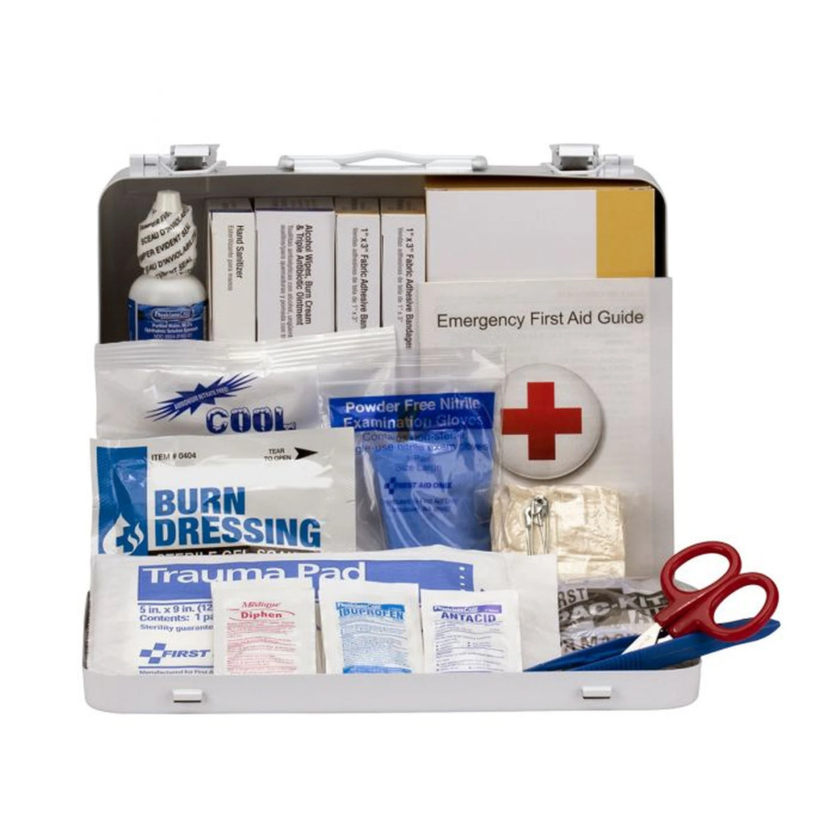 First Aid Only Heavy Duty Vehicle First Aid Kit, open metal case interior showing eyewash bottle, bandage boxes, instant cold pack, burn dressing, trauma pad, medication packets, gloves and red-handled scissors