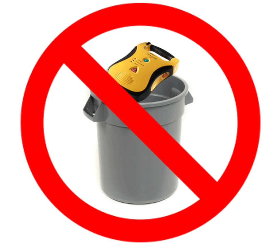 No symbol over a yellow AED device sitting in a gray trash can