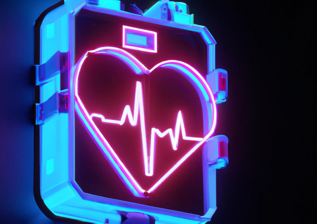 Glowing neon-style heart with EKG line illustration on an AED device