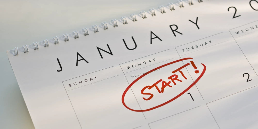 January calendar page with New Year's Day circled and START written in red marker