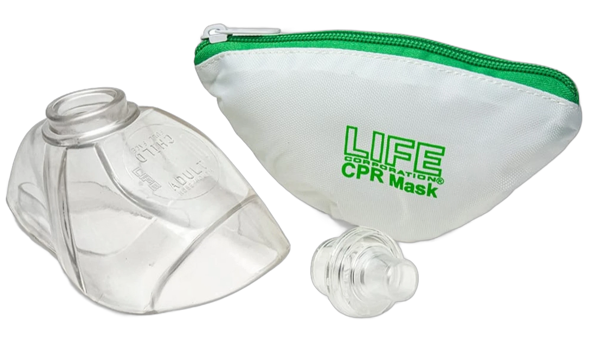 LIFE CPR mask and one-way valve beside its white and green zipper bag