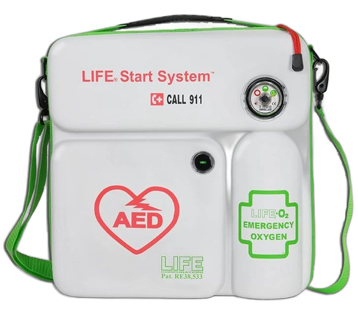 LIFE Start System white AED and emergency oxygen carry case with gauge and green shoulder strap