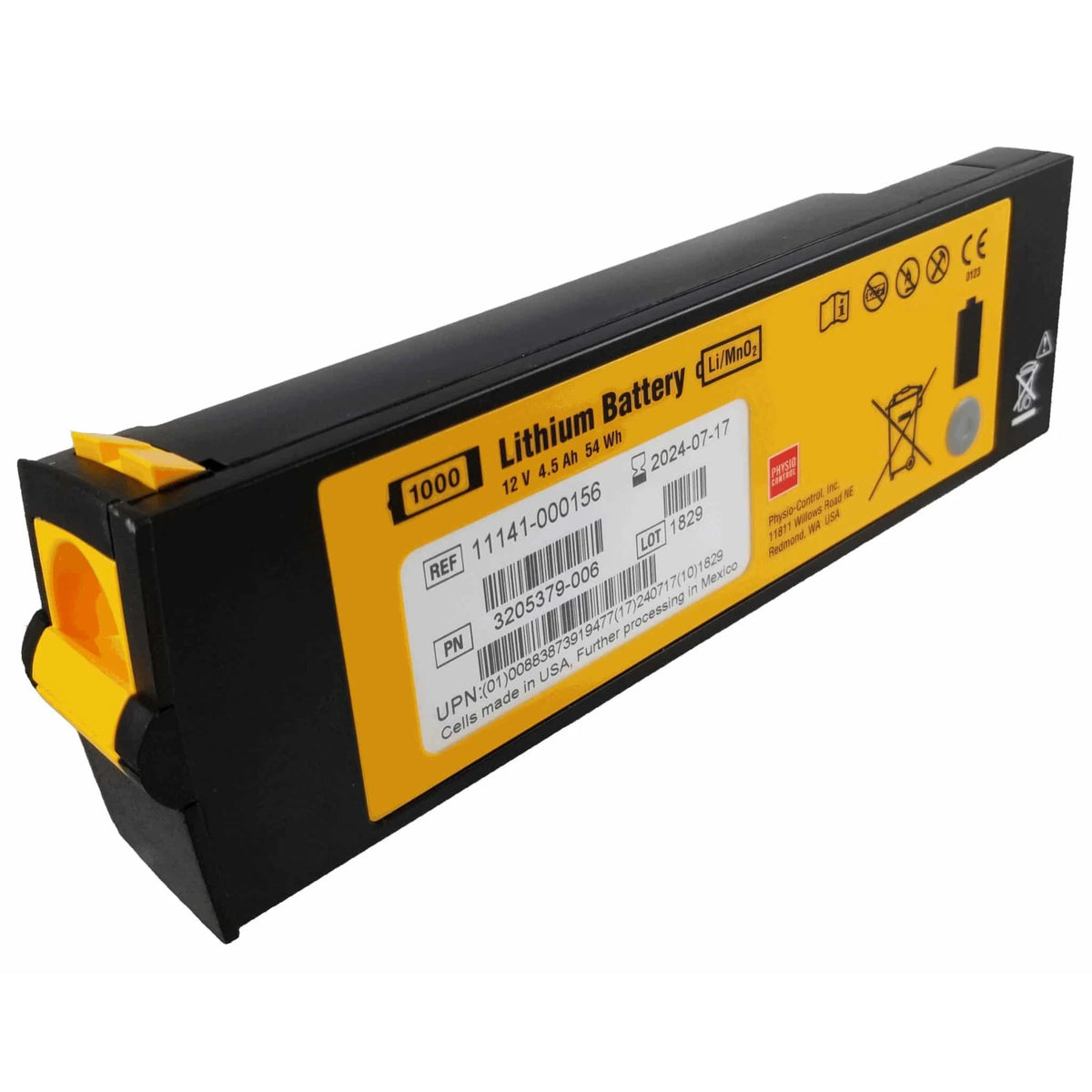Physio-Control LIFEPAK 1000 lithium battery, angled view showing the yellow label with REF 11141-000156 and the orange latch tab on the connector end