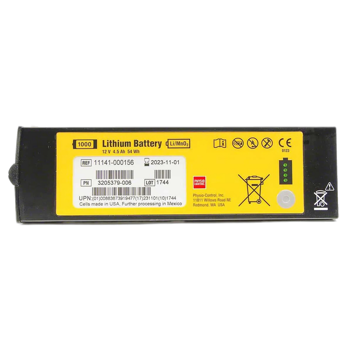 Physio-Control LIFEPAK 1000 non-rechargeable lithium battery, yellow-and-black rectangular pack labeled REF 11141-000156, 12V 4.5Ah 54Wh