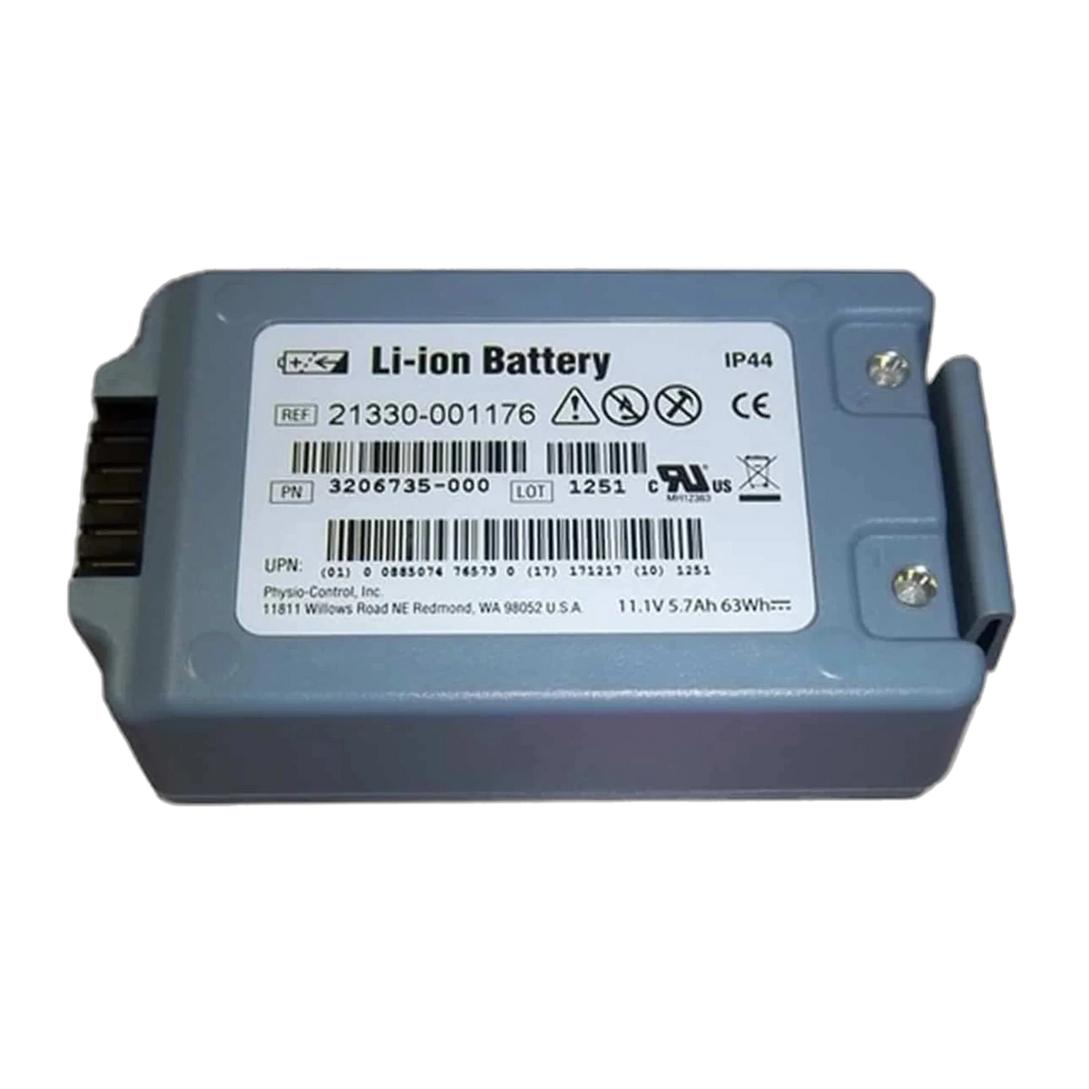 Physio-Control LIFEPAK 15 rechargeable Li-ion battery, gray rectangular pack labeled REF 21330-001176, 11.1V 5.7Ah 63Wh, with connector pins on one end