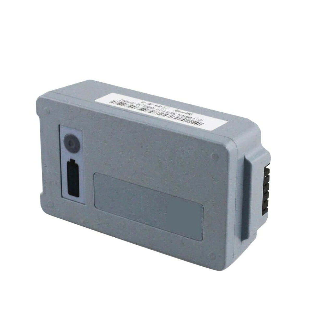 Physio-Control LIFEPAK 15 rechargeable Li-ion battery, angled rear view showing the plain gray case, connector pins and battery status button