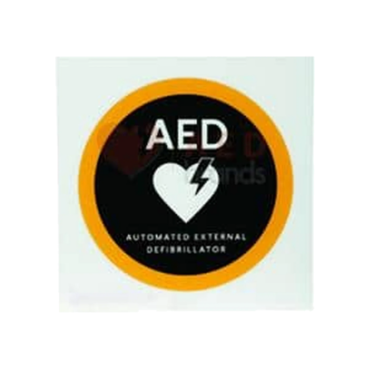 LIFEPAK 8-inch flat AED wall sign, black circular decal with an orange border, AED heart/lightning-bolt icon, and Automated External Defibrillator text