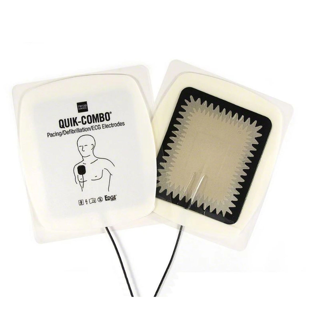 Pair of QUIK-COMBO pacing, defibrillation, and ECG electrode pads with lead wires
