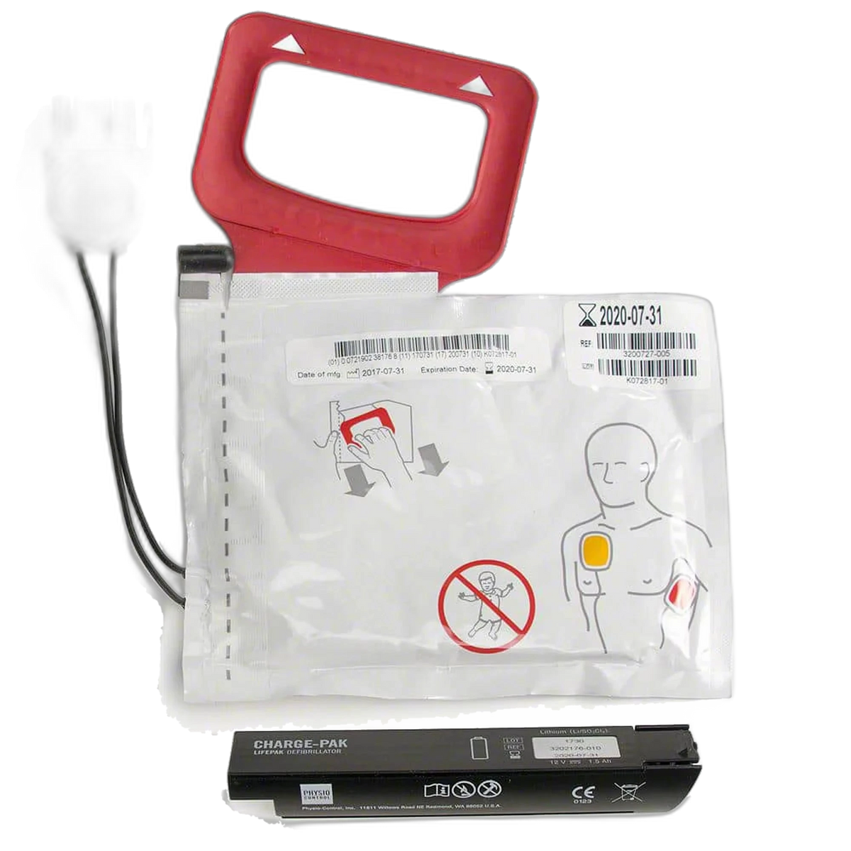 Physio-Control LIFEPAK CR Plus replacement kit, red carrying handle attached to a sealed adult defibrillation electrode pad pouch with a gray connector and a black CHARGE-PAK battery beside it