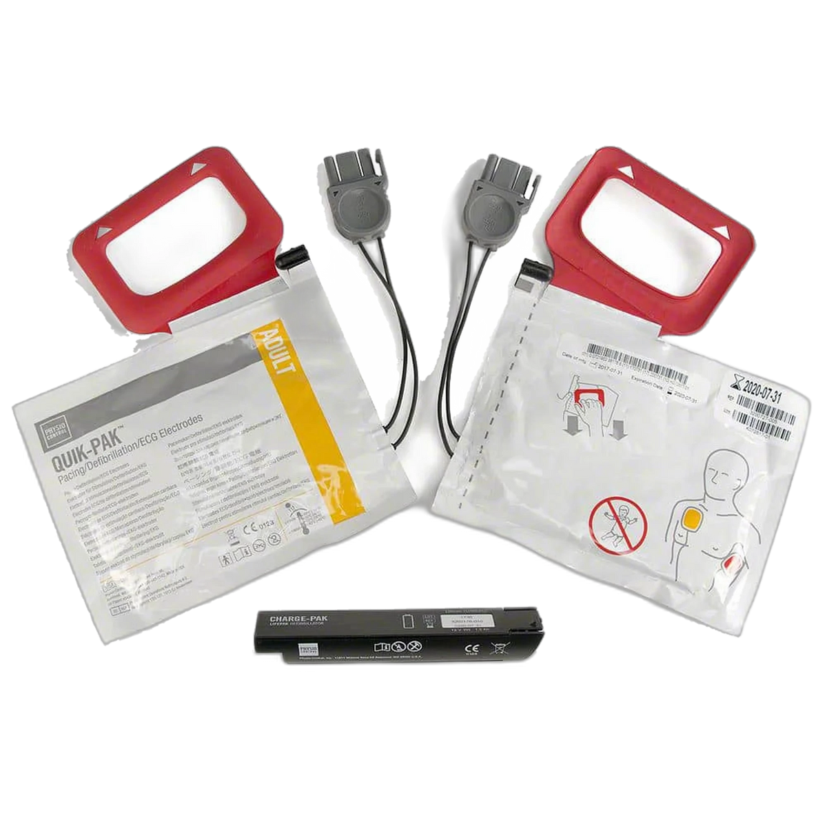 Physio-Control LIFEPAK CR Plus replacement kit with two Quik-Pak adult defibrillation electrode pad pouches, each with a red carrying handle and gray connector, plus a black CHARGE-PAK battery