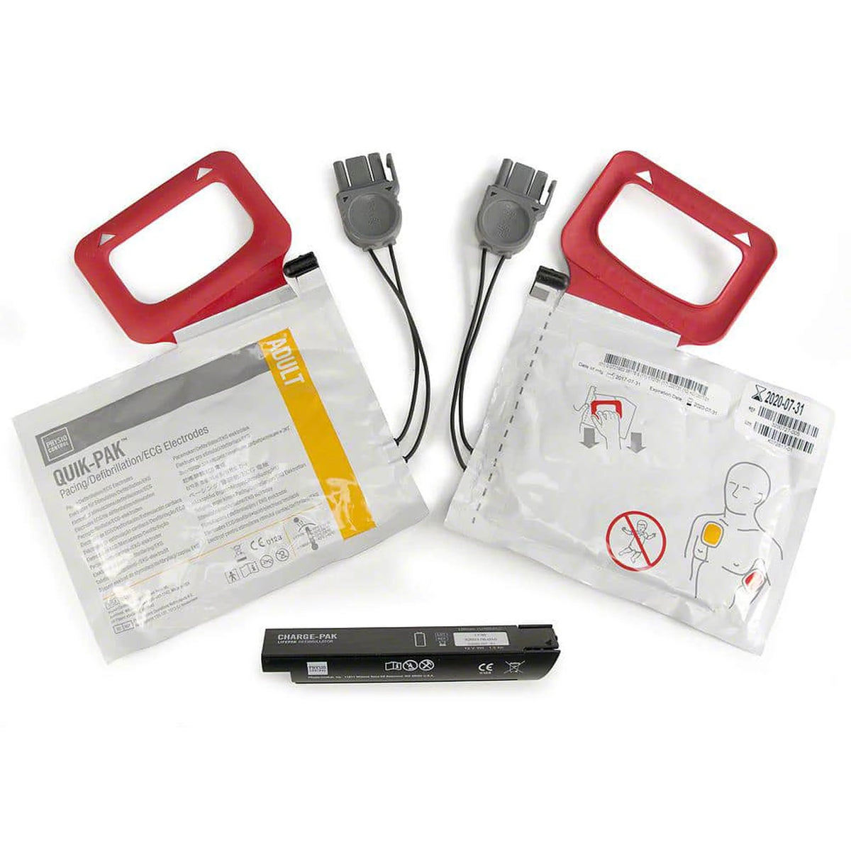Physio-Control LIFEPAK CR Plus replacement kit with two Quik-Pak adult defibrillation electrode pad pouches, each with a red carrying handle and gray connector, plus a black CHARGE-PAK battery