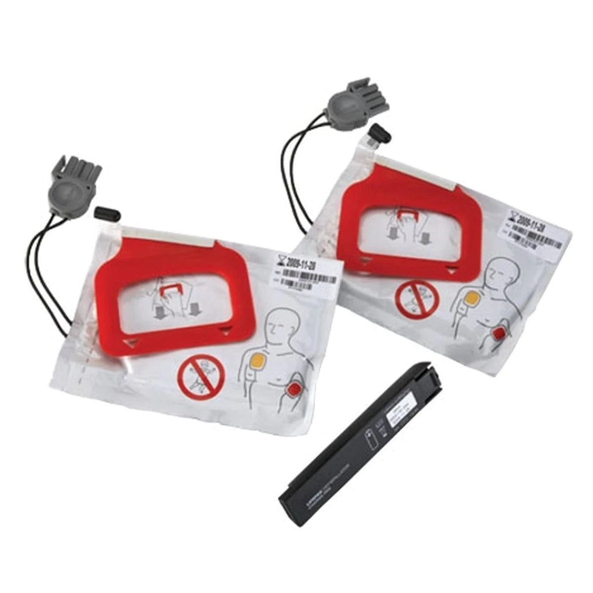 Physio-Control LIFEPAK CR Plus replacement kit, two sealed adult electrode pad pouches with red carrying handles and gray connectors, shown beside a black CHARGE-PAK battery