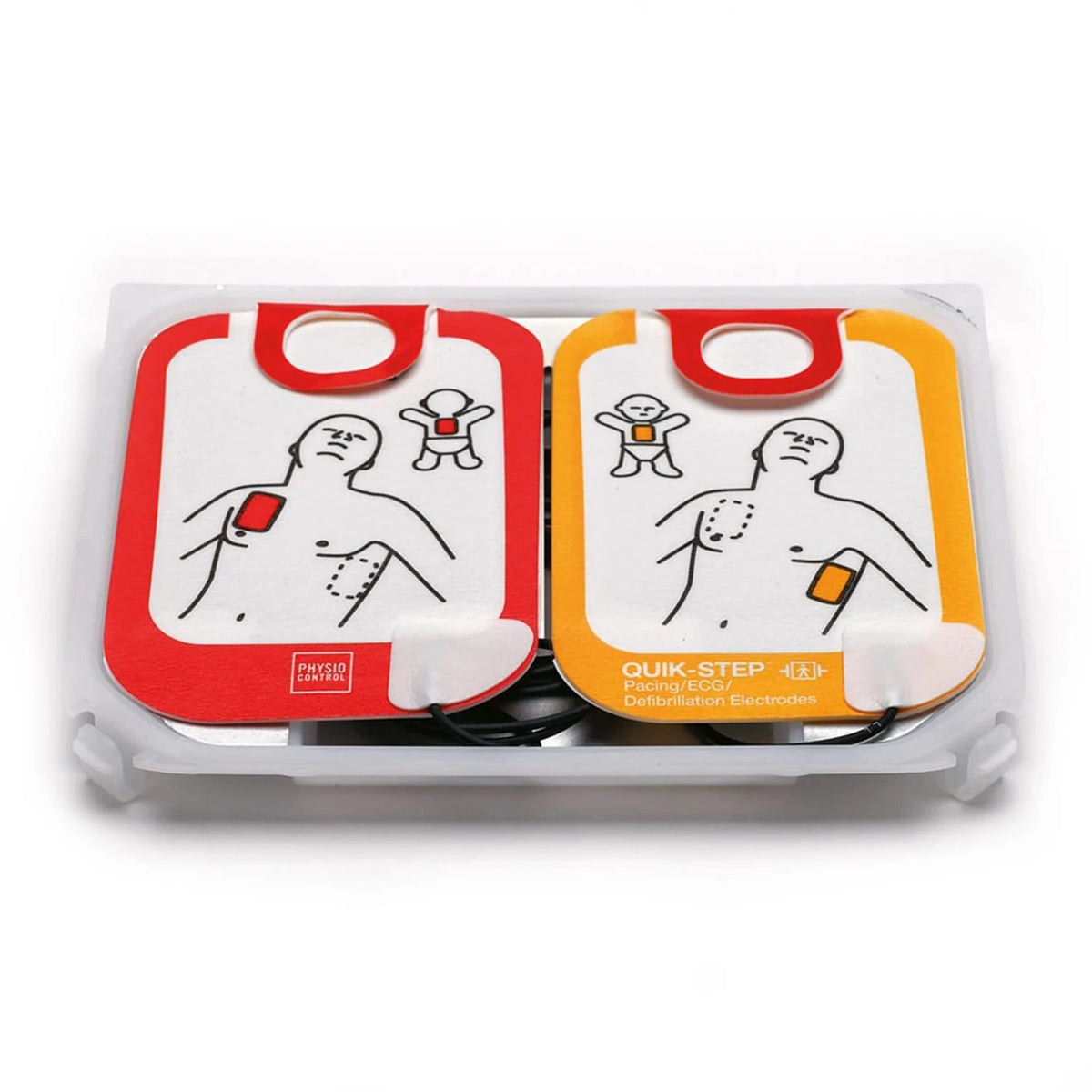 Physio-Control LIFEPAK CR2 Quik-Step adult/child electrode pads removed from packaging, two pads (one red-bordered, one yellow-bordered) with torso and infant placement diagrams