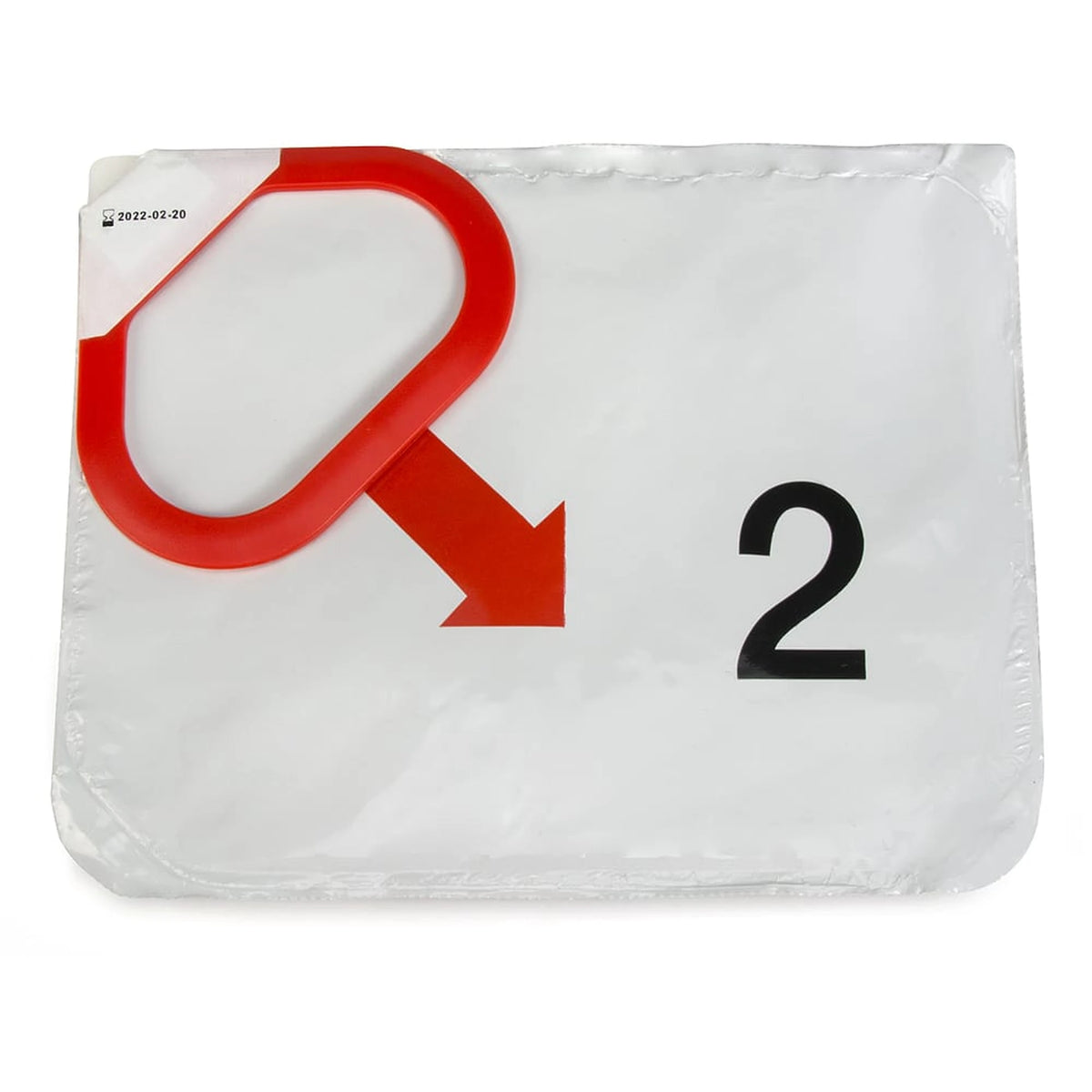 Physio-Control LIFEPAK CR2 Quik-Step electrode pads package, sealed foil pouch with a red pull-tab printed with a "2" and application arrow